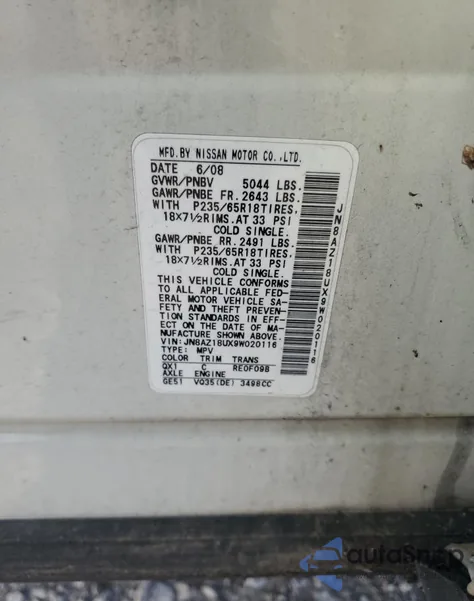 2009 Nissan Murano S z USA, uszkodzony, nr VIN JN8AZ18UX9W020116